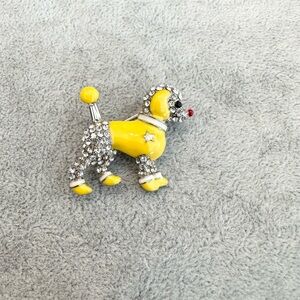 Vintage Yellow Enamel With Clear Crystals Poodle Pin Brooch